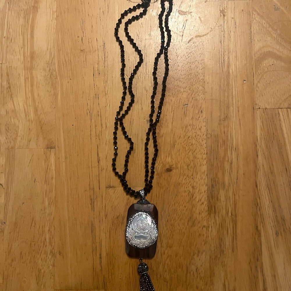 Elegant Hand Made Black Hematite Beaded Necklace with Carved Buddha Pendant